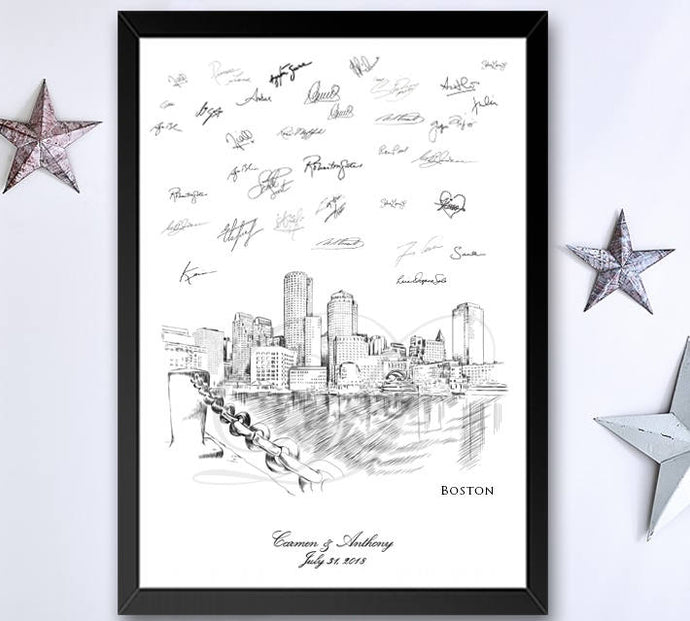 Boston Water View Skyline Wedding Guest Book Alternative Print, Guestbook, Bridal Shower, Boston Wedding, Custom, Alternative, Wedding Sign-in - Darlington Guestbooks