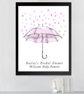 Baby Shower Girl Umbrella Thumbprint Rain Drop Guest Book Alternative, Pink, Hand Drawn, Fingerprint Guestbook, Baby Shower Girl, FREE PEN