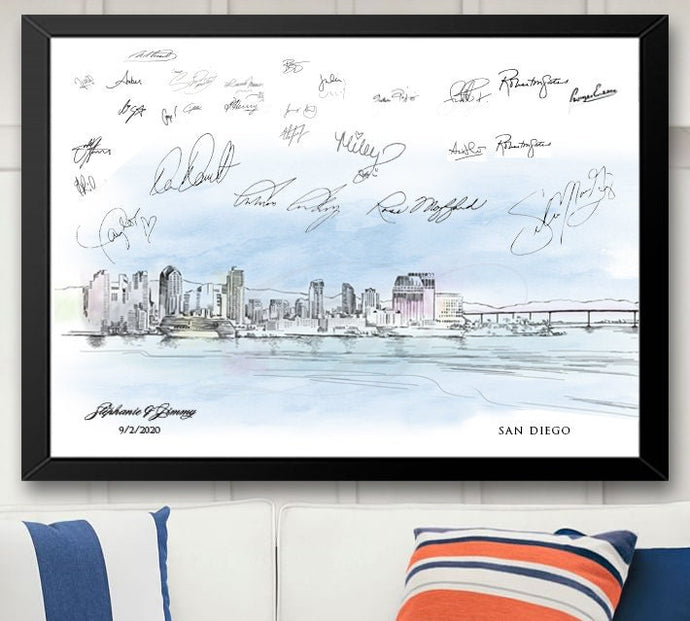 San Diego Watercolor Skyline Guestbook Print, Guest Book, San Diego, CA, Bridal Shower, Wedding, Custom, Alternative Guest Book, Sign in